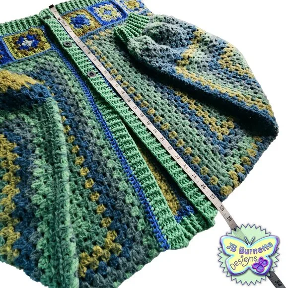 Handmade Oversize Crochet Cardigan Green Blue Warm Sweater, BOHO Granny Squares - Picture 11 of 15
